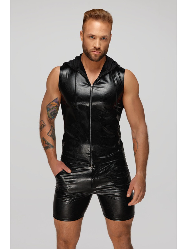 H066 Top zippé sans manches à capuche transparente, aspect serpent