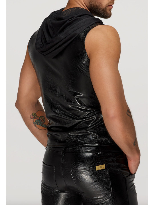 H066 Top zippé sans manches à capuche transparente, aspect serpent