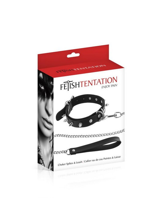 Collier à pointes métal et laisse Fétish Tentation
