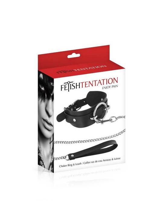 Collier noir anneau et laisse Fétish Tentation