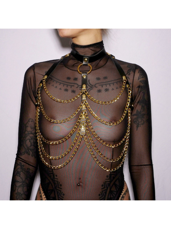 Harnais de poitrine cuir et chaines Gold