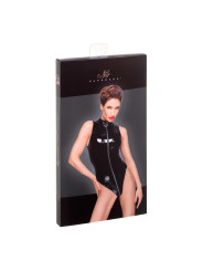 F191 PVC body avec une ligne d'épaule profondément découpée et une longue fermeture à glissière métallique à trois voies.