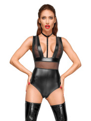 F183 Powerwetlook body avec larges bretelles, empiècements en tulle et tour de cou en velours