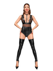 F183 Powerwetlook body avec larges bretelles, empiècements en tulle et tour de cou en velours