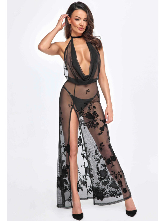 F312 Divinity robe longue en maille floquée avec dos ouvert