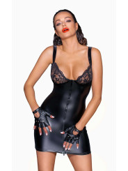 F254 Mini-robe Powerwetlook avec poitrine en dentelle et fermeture éclair à 2 sens