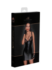 F254 Mini-robe Powerwetlook avec poitrine en dentelle et fermeture éclair à 2 sens