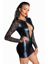 F253 Robe courte en Powerwetlook avec manches en dentelle