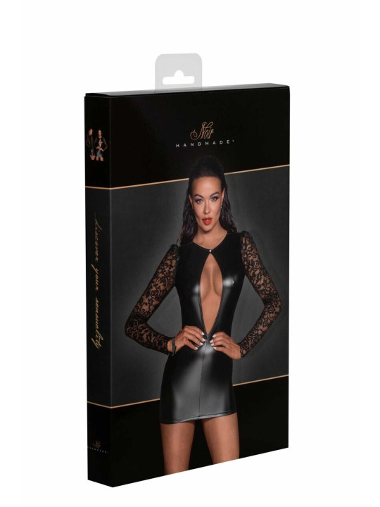 F253 Robe courte en Powerwetlook avec manches en dentelle