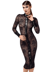 F376 Noirelle Robe à boutons mi-longue en dentelle