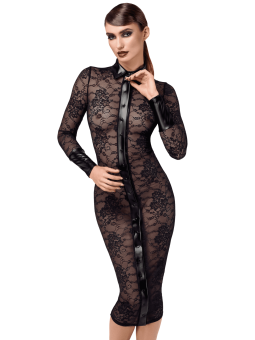 F376 Noirelle Robe à boutons mi-longue en dentelle