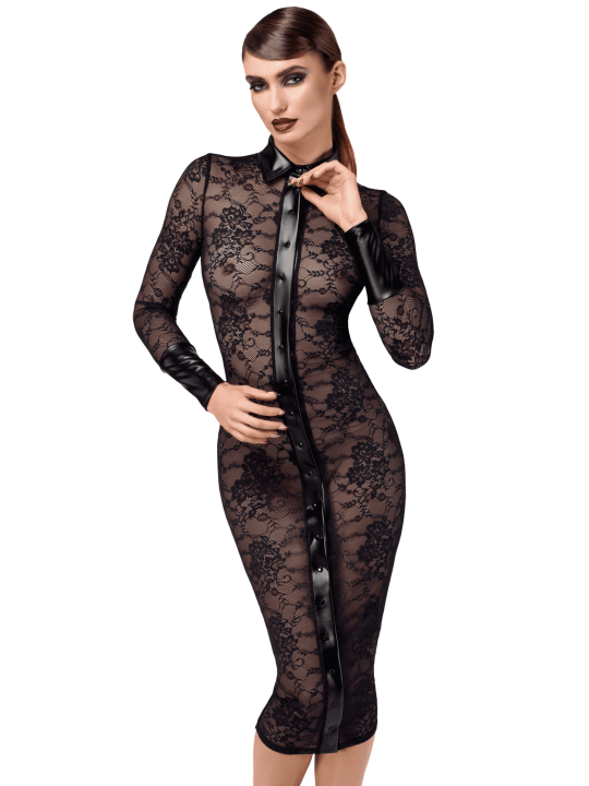 F376 Noirelle Robe à boutons mi-longue en dentelle