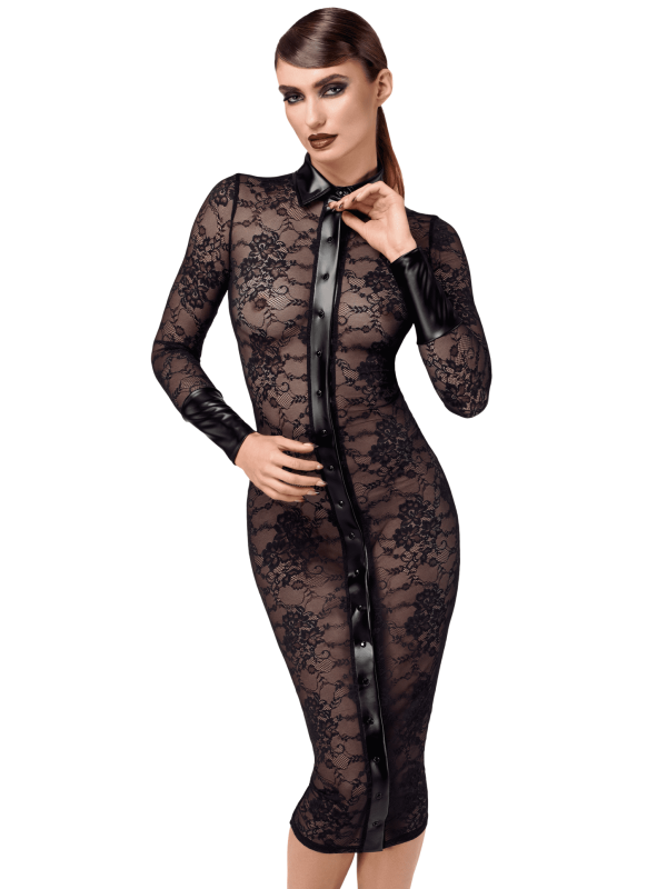 F376 Noirelle Robe à boutons mi-longue en dentelle