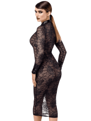 F376 Noirelle Robe à boutons mi-longue en dentelle