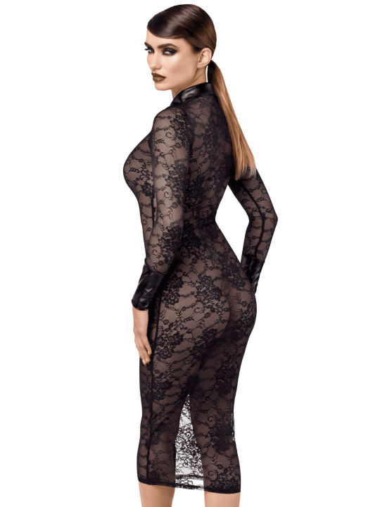 F376 Noirelle Robe à boutons mi-longue en dentelle