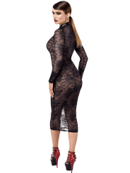 F376 Noirelle Robe à boutons mi-longue en dentelle