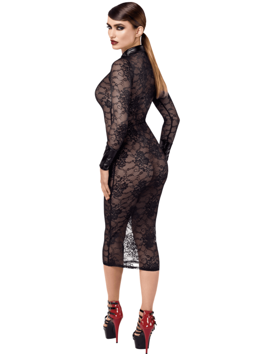 F376 Noirelle Robe à boutons mi-longue en dentelle