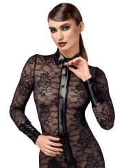 F376 Noirelle Robe à boutons mi-longue en dentelle