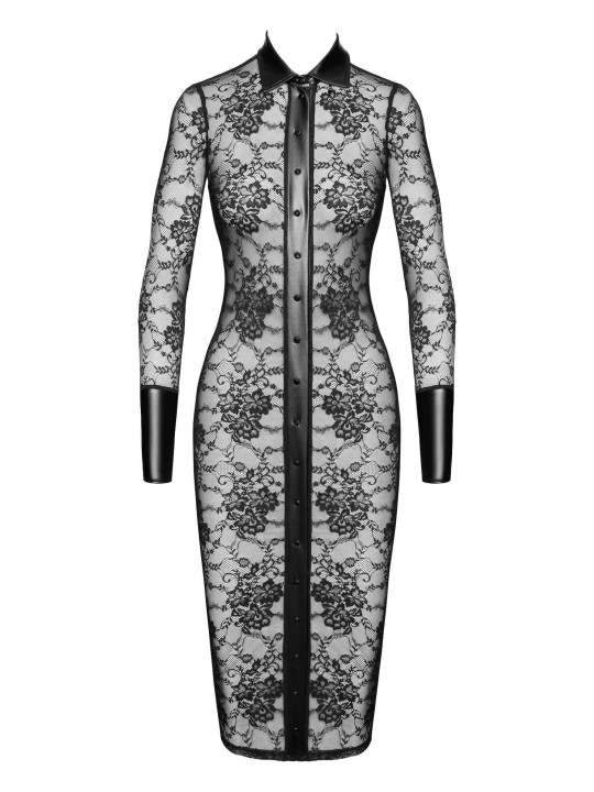 F376 Noirelle Robe à boutons mi-longue en dentelle